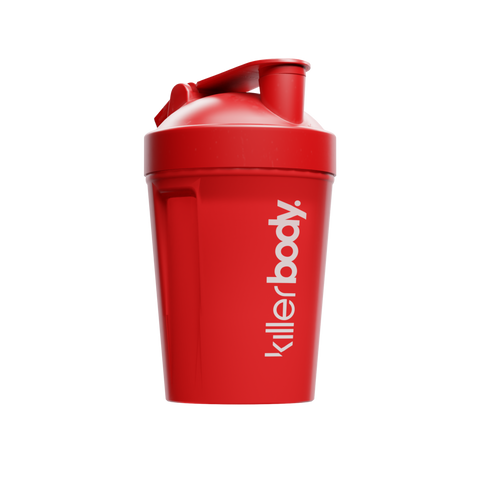 a red shaker with white text