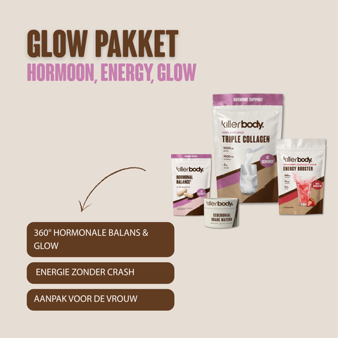 glow pakket collagen, hormonal balance, energy booster, ceremonial grade matcha NL EN DE