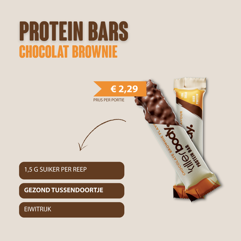 Killerbody Proteïnereep Chocolate Brownie: 1,5 gram suiker en 12 gram eiwit per reep