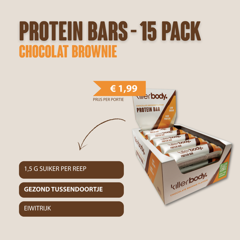 Killerbody Proteïnereep Chocolate Brownie: 1,5 gram suiker en 12 gram eiwit per reep