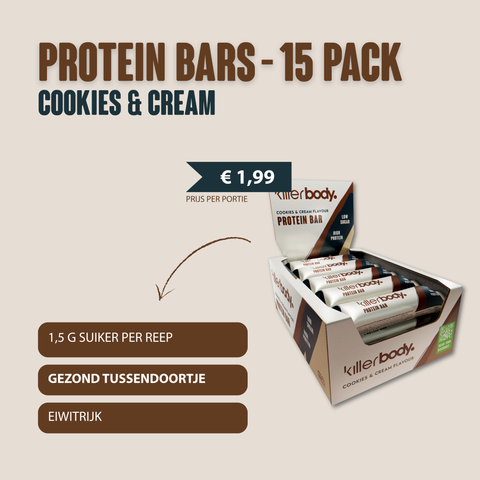Killerbody Proteïnereep Cookies & Cream: 1,5 gram suiker en 12 gram eiwit per reep