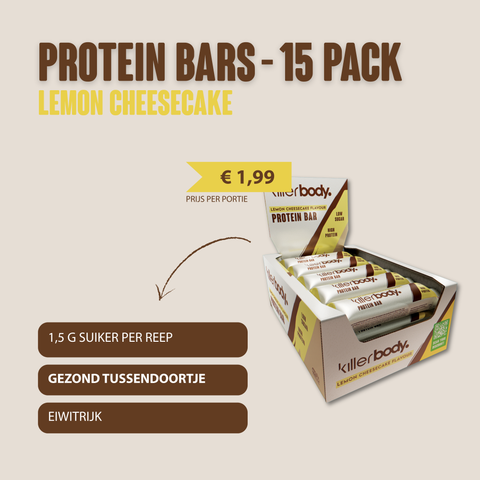 Killerbody Proteïnereep Lemon Cheesecake: 1,5 gram suiker en 12 gram eiwit per reep